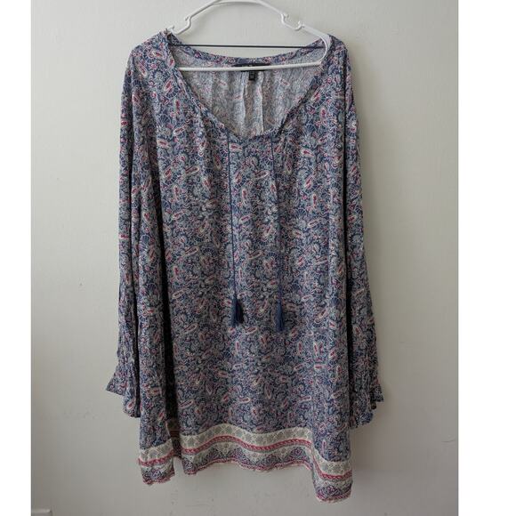 Ulla Popken blue paisley tassel tie top with stretch cuffs women's 28/30 - Picture 1 of 10
